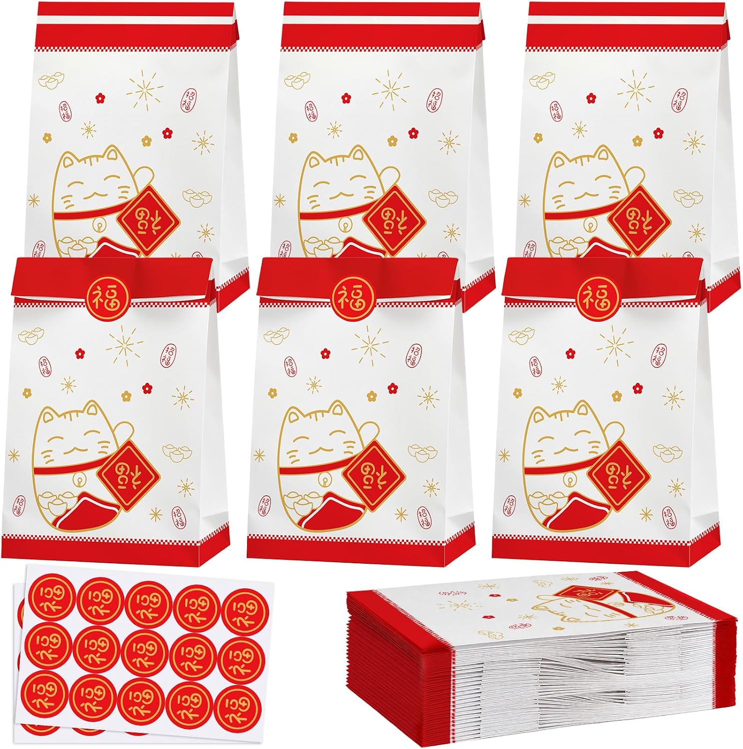 Resholder 24pcs Lucky Cat Gift Paper Goodie Bags with Stickers Japanese Chinese Party Favors Kitten Themed Party Decorations Treat Boxes Lucky Cat Baby Shower Decorations for Themed Parties