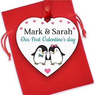 First Valentines Gifts For Boyfriend Girlfriend - Personalised Penguin Couples Valentines Day Gift - Our 1st Valentines Heart Plaque Keepsake For Him Her - Printed Heart With Red Bag