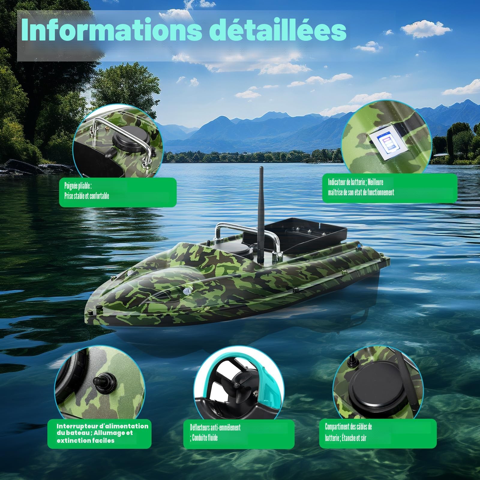 Bateau télécommandé de 500 m avec échosondeur et GPS, capacité de charge de 1,5 kg, pour la pêche de nuit et la fonction de croisière automatique (camouflage)