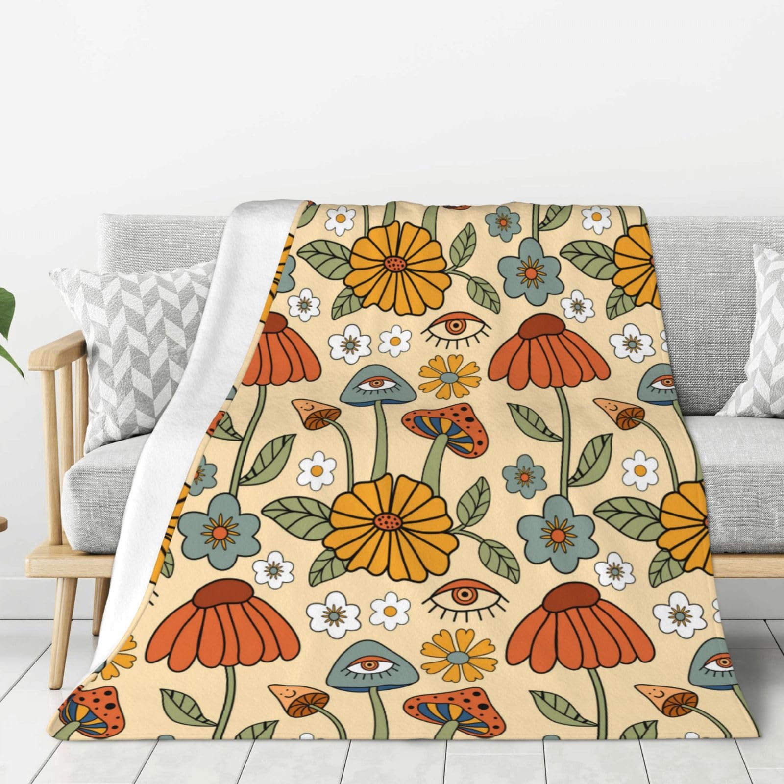Pilz-Überwurfdecke, Fleece, Retro-Blumenmuster – Weich, Flauschig, Für Sofa, Bett, Couch (versch. Größen)