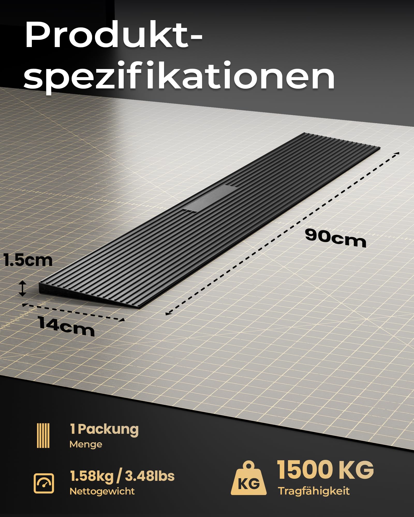 FACHNUO Gummischwellenrampe, 1,5 cm Höhe, 90 cm Breite, 1500 kg Tragfähigkeit, verstellbare und zuschneidbare Rollstuhlrampe für Türschwellen, Bordsteine, Badezimmer, Scooter und Kehrgeräte