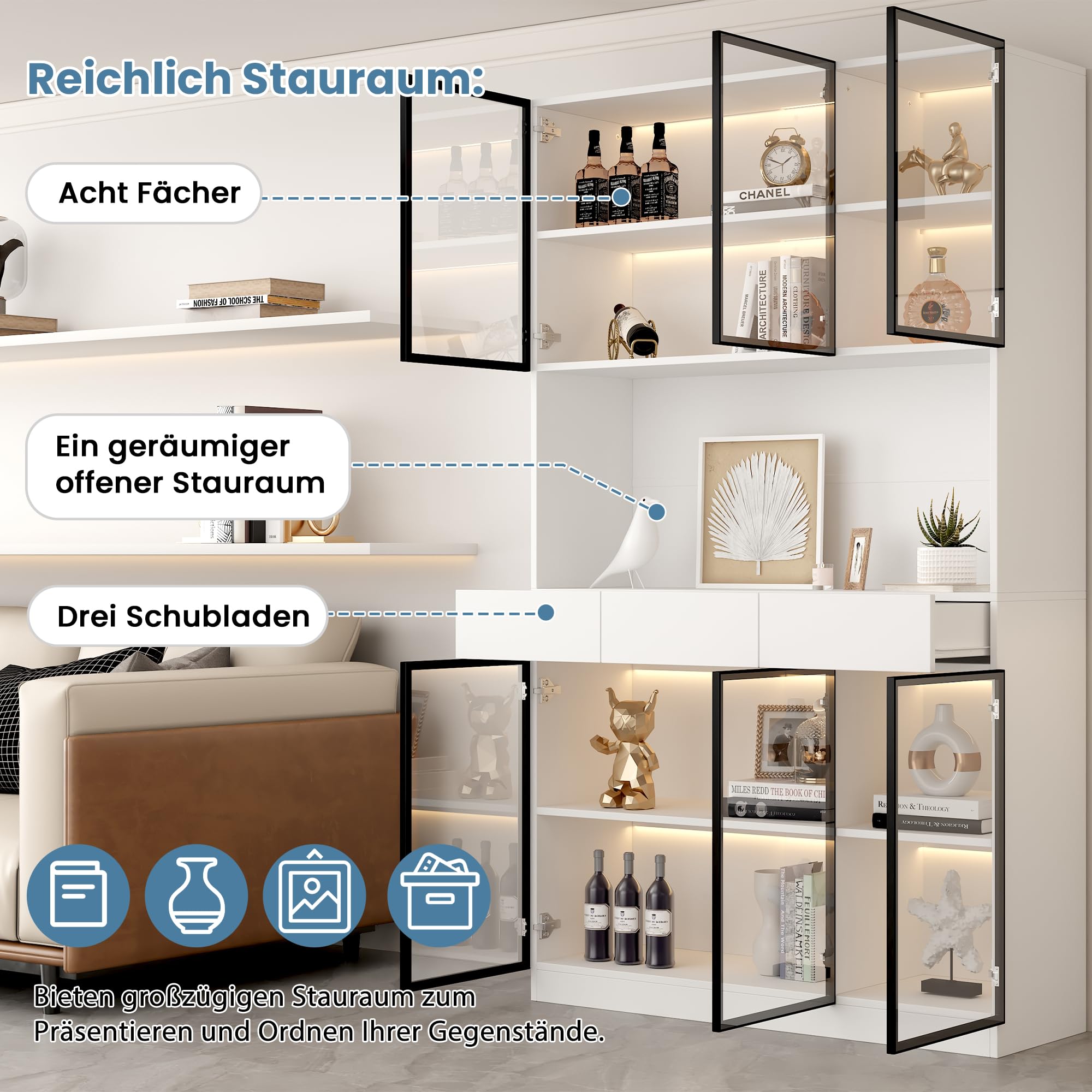 Kebnor Anta in vetro, altezza 200 cm, vetrina bianca con luci a LED, libreria multiuso per collezioni, camera da letto, soggiorno, ufficio, telaio porta bianco-nero