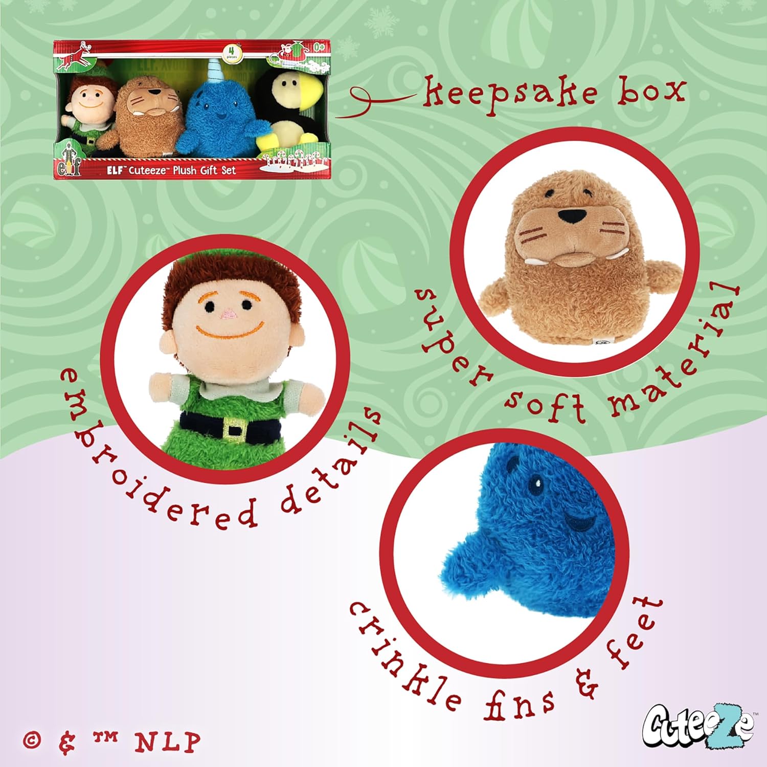 Kids Preferred Elf 4 Pc Cuteeze Plush Set - Buddy, Arctic Puffin, Mr. Narwhal, and Baby Walrus - Stuffed Animals for Toddler Boys & Girls, 6 Inches
