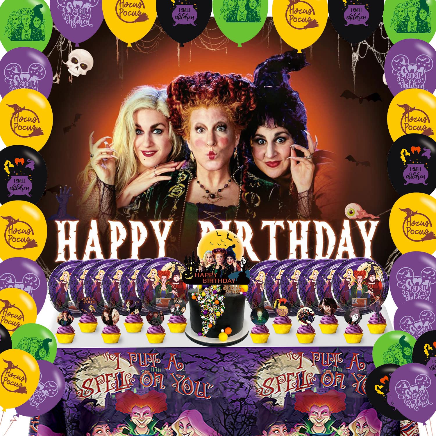 Photo 1 of Hocus Pocus Birthday Party Supplies, Hocus Pocus Party Decorations,Hocus Pocus Party Theme Includes Hocus Pocus Balloons,Backdrop ,Cake Toppers,Tableware ,Platesfor Kids Birthday Theme Party Decorations