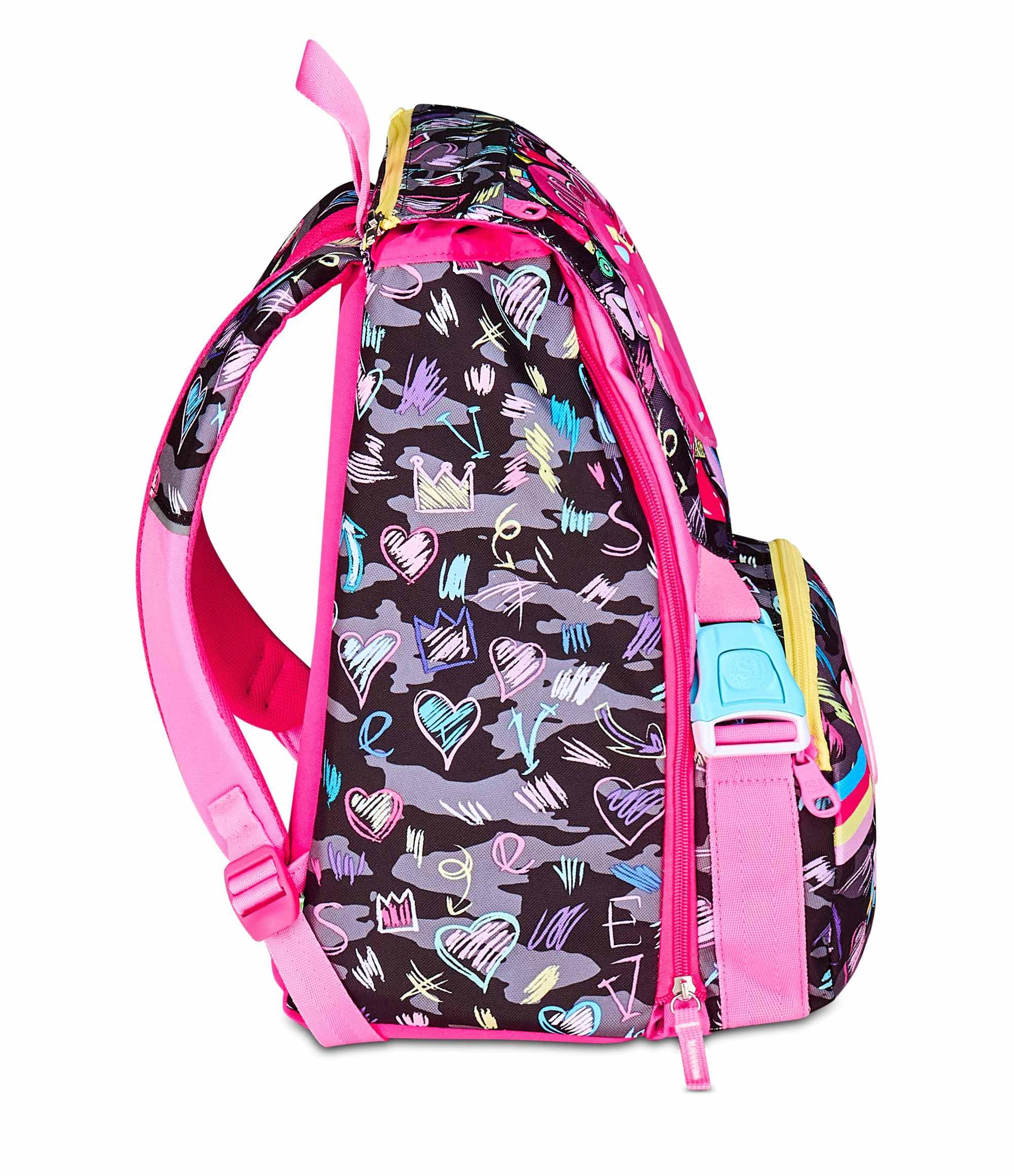 SJ GANG STYLE JAM GANG Zaino Scuola Estensibile Big, Fucsia, Zaino con Divisorio Interno, Tasca Superiore con LED Cuore, Tasca per Borraccia, 24 L, Zaino Scuola Elementare, Zaino Bambina