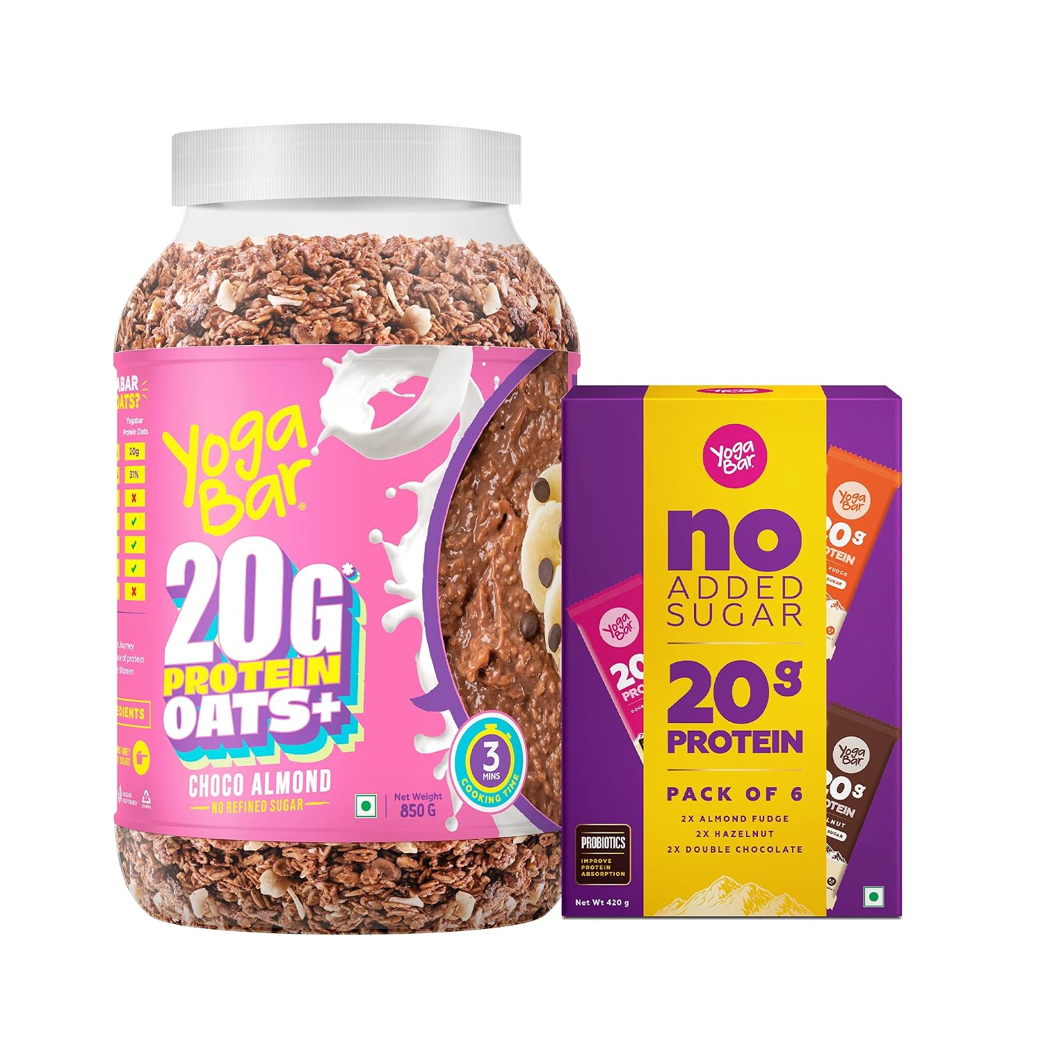 Yogabar 20g High Protein Oats 850g | Choco Almond Oatmeal | High Fiber | Breakfast cereal 