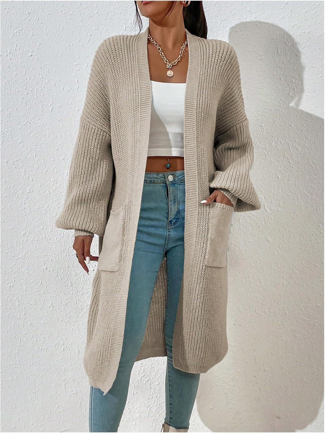 WDIRARA Women's Open Front Cardigan Sweaters Long Sleeve Knee Length Knit Outerwear with Pockets - Image 3