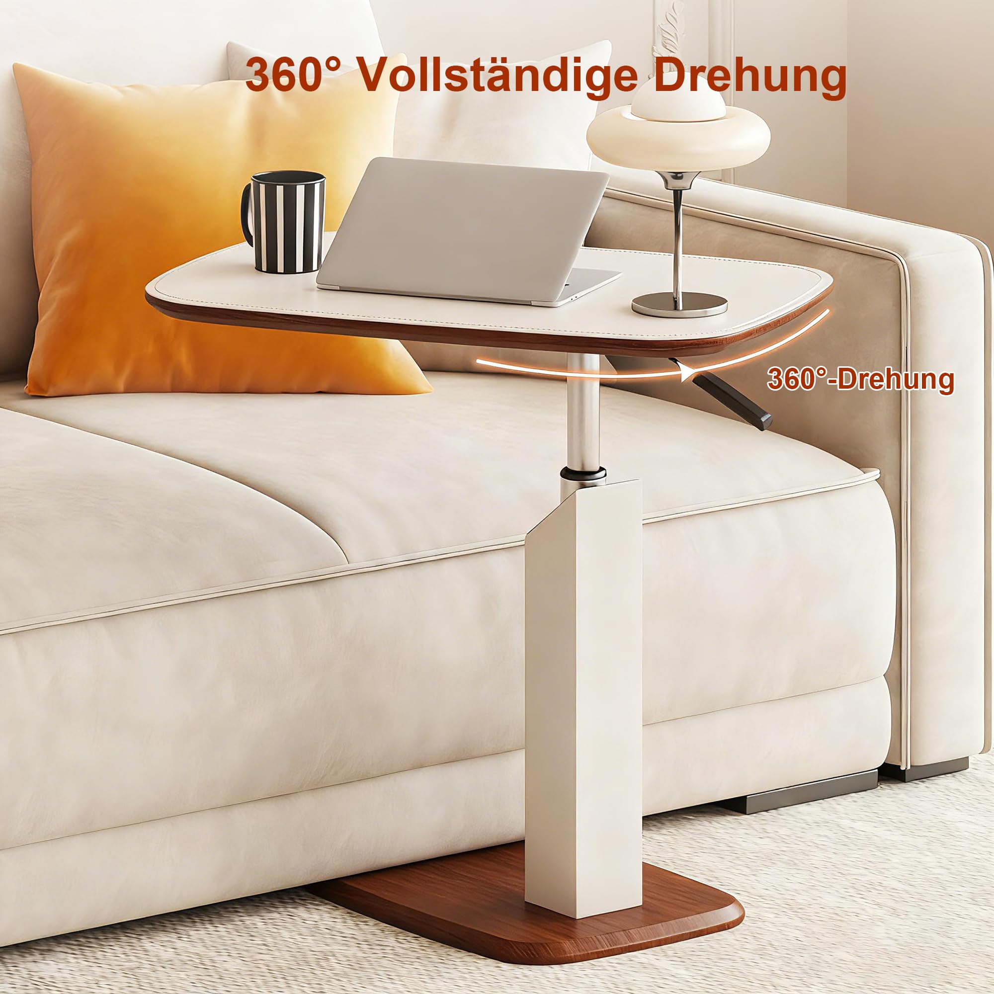 Höhenverstellbarer Beistelltisch mit Versteckten Rollen & Pneumatik, Kleiner C-Form Betttisch Sofatisch mit 360° Drehbar, Holz Side Table für Wohnzimmer, Laptoptisch für Couch Sofa Bett