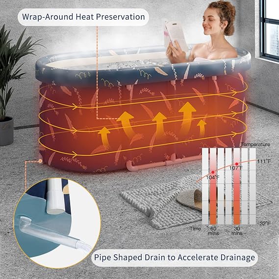 Portable Bathtub,Foldable Freestanding Bathtub,Japanese Soaking Tub,Shower Stall Bathtub,Bathroom Folding SPA Tub For Adults,Boys And Girls,Outdoor/Indoor Hot Ice Bath,47 Inch,Blue,PVC+Al Alloy