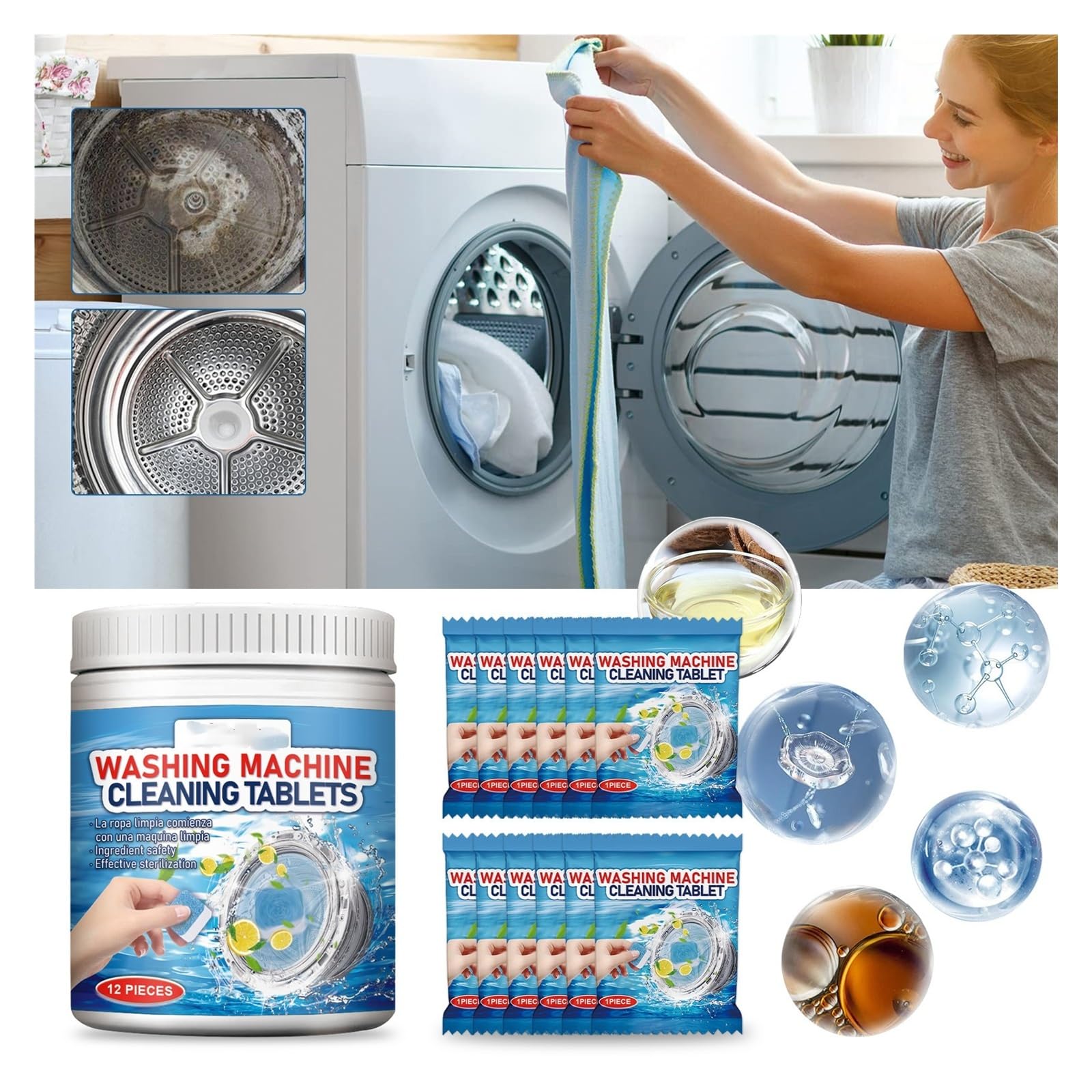 Reinigungstabletten for Waschmaschinen, 12 Tabletten, reinigt die Trommel und den Wassertank, entfernt Schmutz und Gerüche(3pcs)