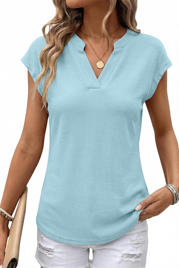 AUMORA Womens Waffle Knit V Neck Cap Sleeve T Shirts Summer Casual Solid Color Basic Tops for Women — Light Blue