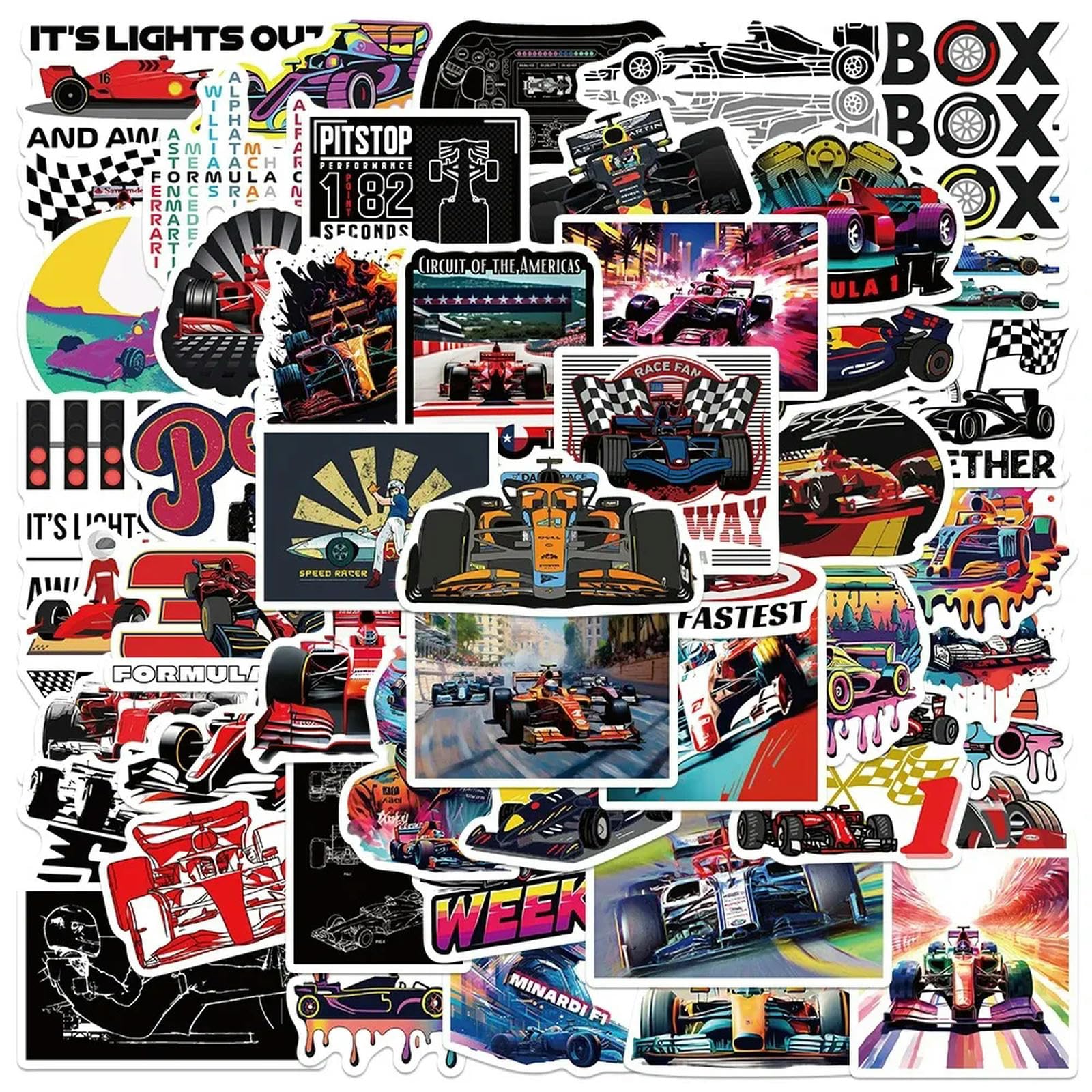 50pcs F1 Formula One Racing Stickers Funny Cartoon Graffiti Decal Laptop Luggage Skateboard Motorcycle Bike Helmet Sticker