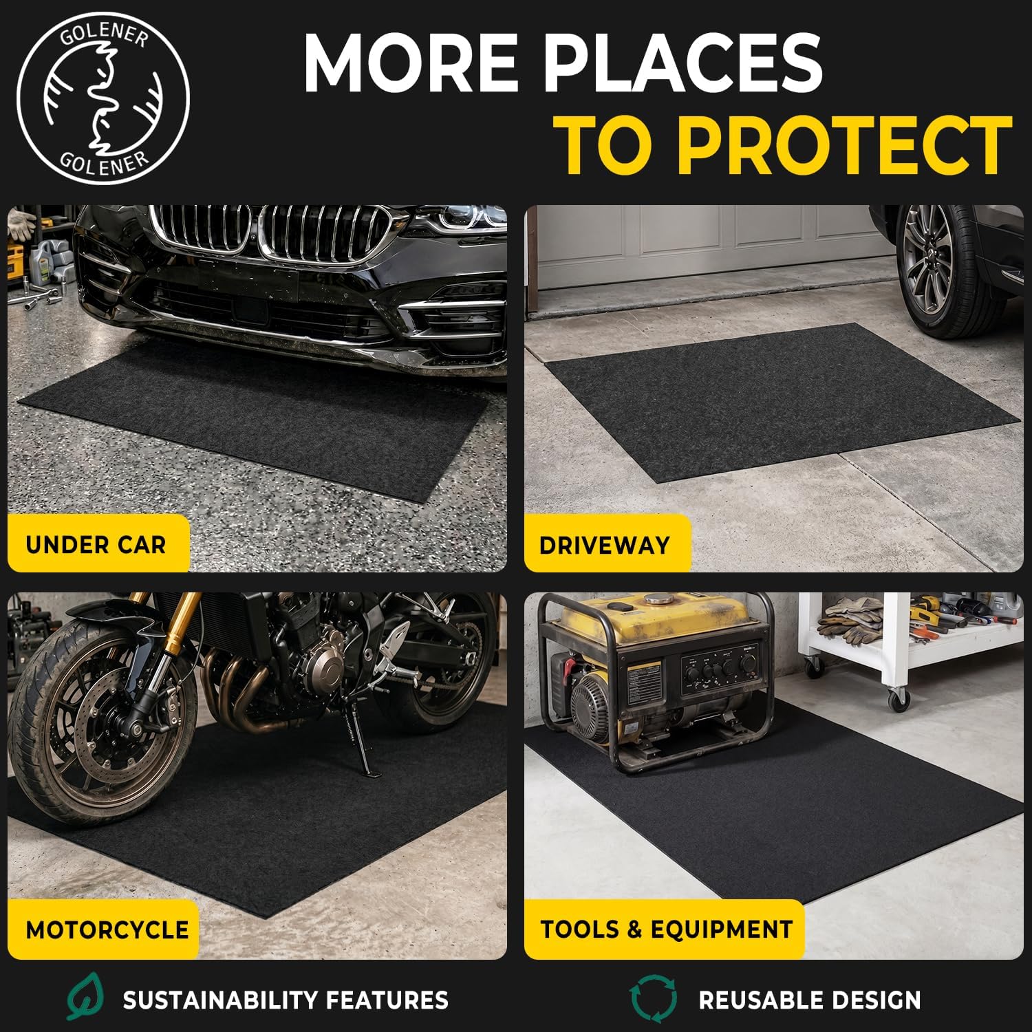GOLENER Oil Spill Mat - Garage Floor Mat, Absorbent Oil Pad, Premium Maintenance Mat, Waterproof, Contain Liquid, Protect Garage Surface from Spill & Stain, Reusable, Washable, Durable, Black, 29”x36”