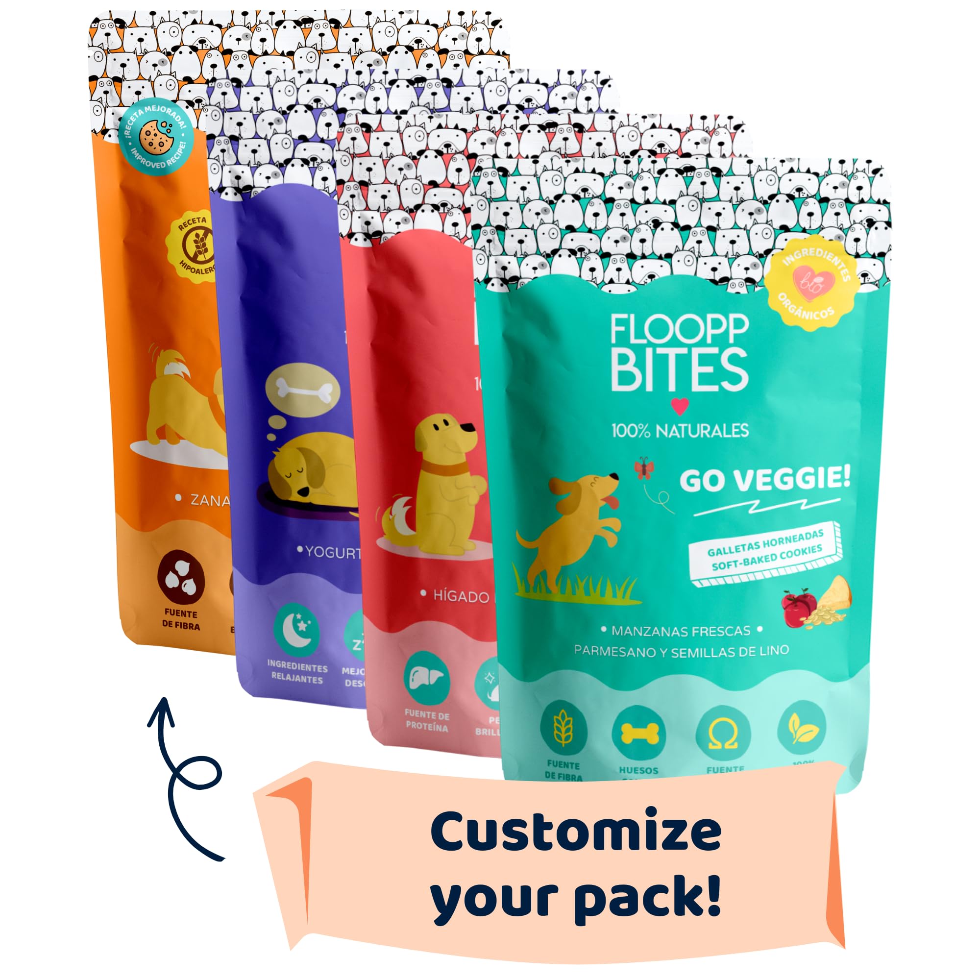 FlooppBITES Chuches para Perros - Pack Personalizable - Galletas Perro 100% Naturales - Premios y golosinas - Alimento complementario Perros - Total 400gr