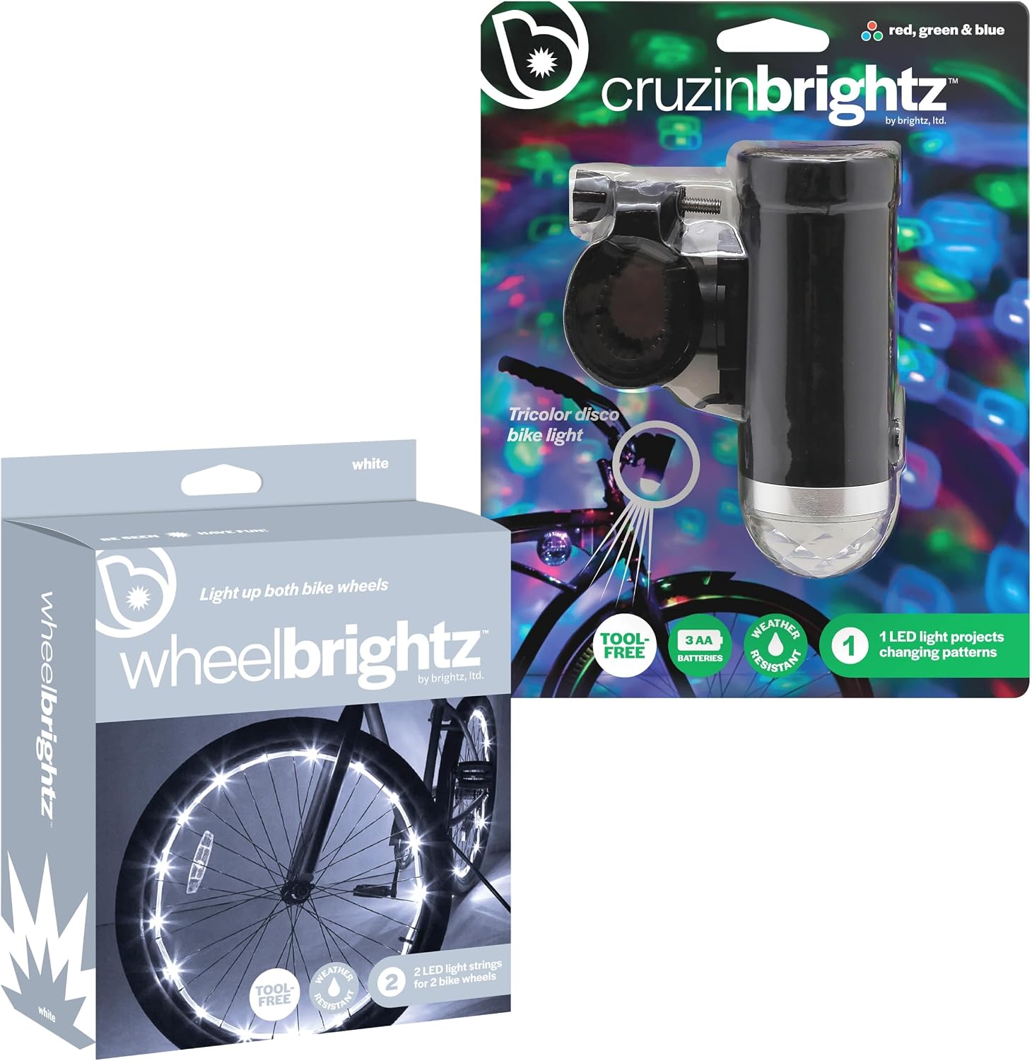 Brightz Ultimate Bike Light Bundle - Includes WheelBrightz White LED Bike Wheel Lights 2-Pack & CruzinBrightz Disco LED Bike Light - Universal Fit, Easy Install, Long Battery Life