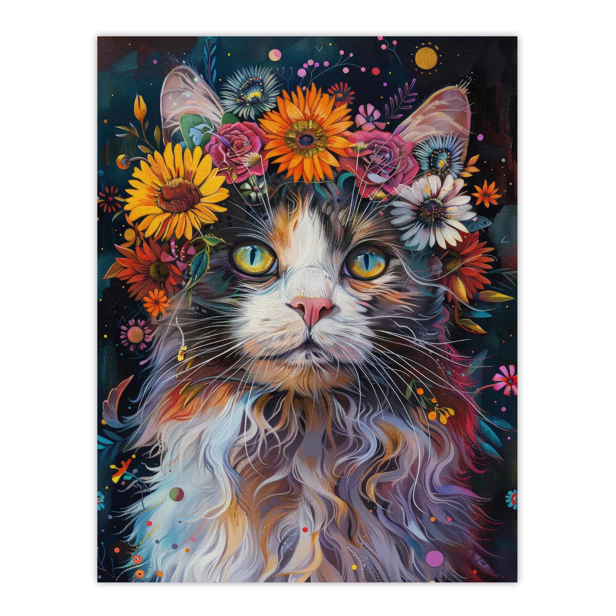 Artery8 Mystic Psychedelic Hippy Cat Flower Crown Abstract For Living Room Unframed Wall Art Print Poster Home Decor
