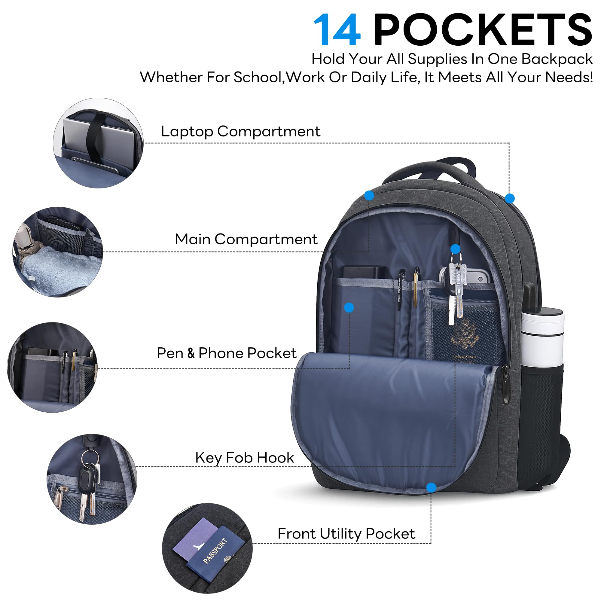 TANTOMI Grand sac à dos pour homme de 17,7 pouces avec port de charge USB, durable, antivol, résistant à l'eau, pour voyage, bureau, université, Noir , M, Classique