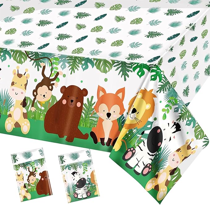 NAOKBOEE 2 Packs Baby Shower Jungle Safari Tablecloths, Jungle Animal Plastic Table