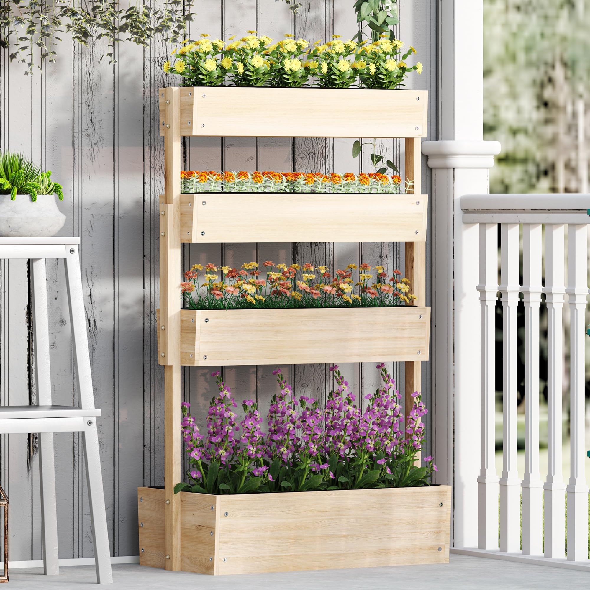 Outsunny Jardinière Surélevée en Bois avec 4 Étages, Doublure, Bois Naturel | Escalier de Fleurs, Trous de Drainage, pour Terrasse, Balcon et Jardin