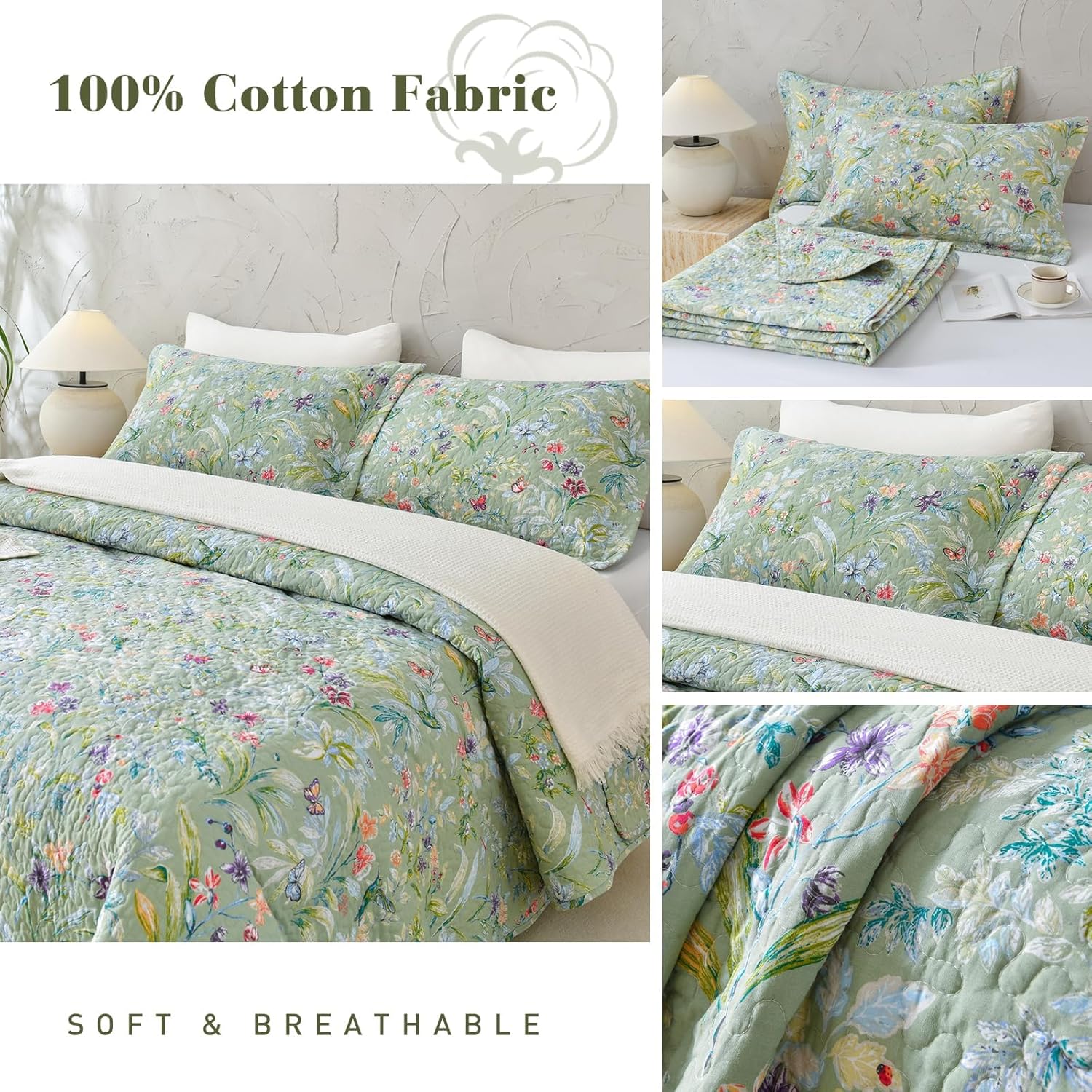 QSH 100% Cotton Quilt Oversized King Set (118"x106")-3Pcs Green Floral Quilt California King Summer Flower Bird Butterfly Printed Bedspread Coverlet Soft Lightweight Bedding Set for All Seasons - Image 3