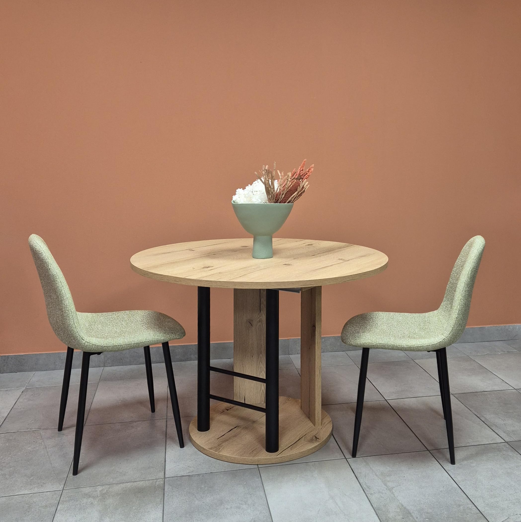 Tavolo rotondo allungabile LUNA D105 moderno rovere charlestone allunga cm45 e gambone nero