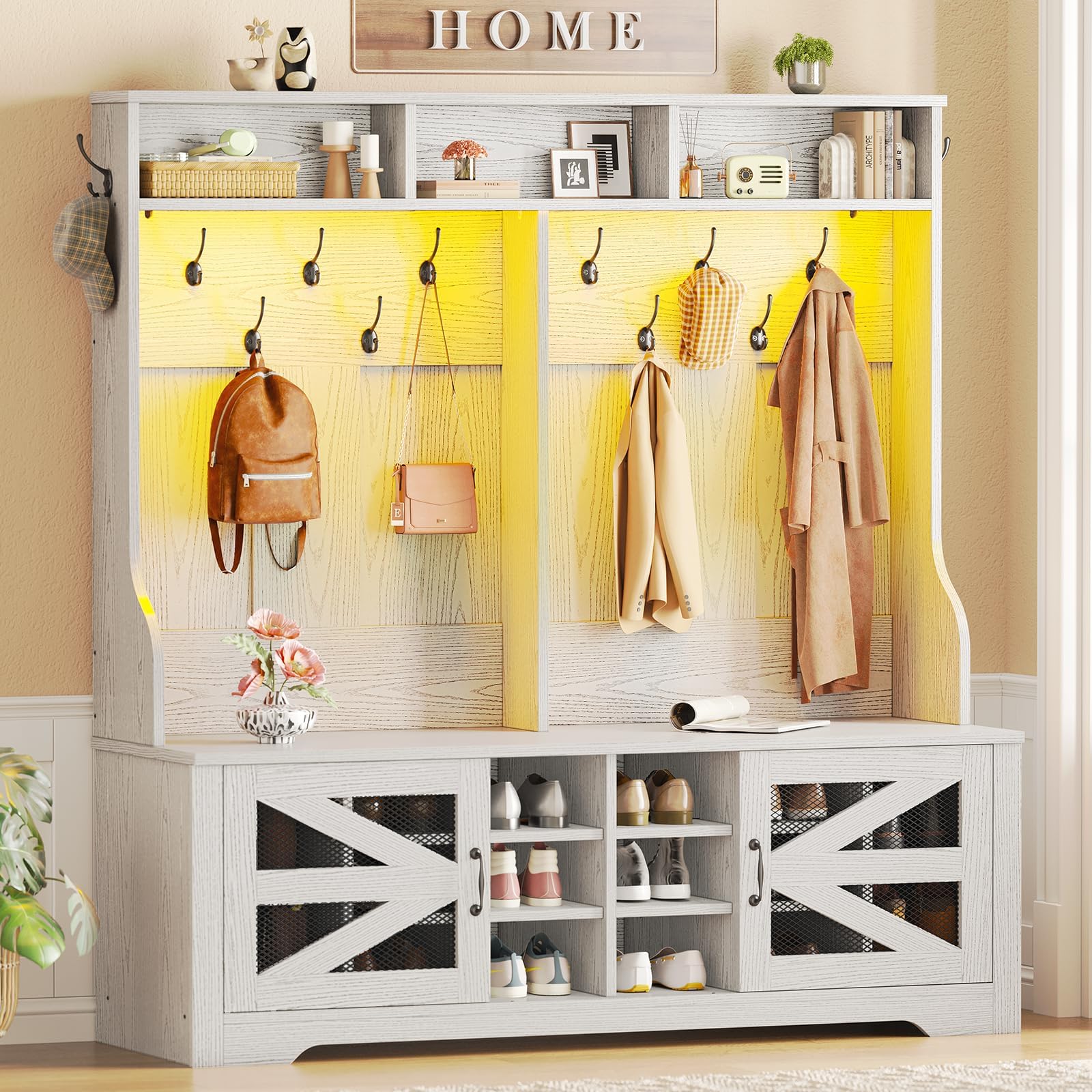 Itaar Hall Tree with Bench and Shoe Storage, 5-in-1 Entryway Bench with Coat Rack, 16 Shoe Cubbies & 12 Coat Hooks, Barn Door & Adjustable Shelf (Embossed White)