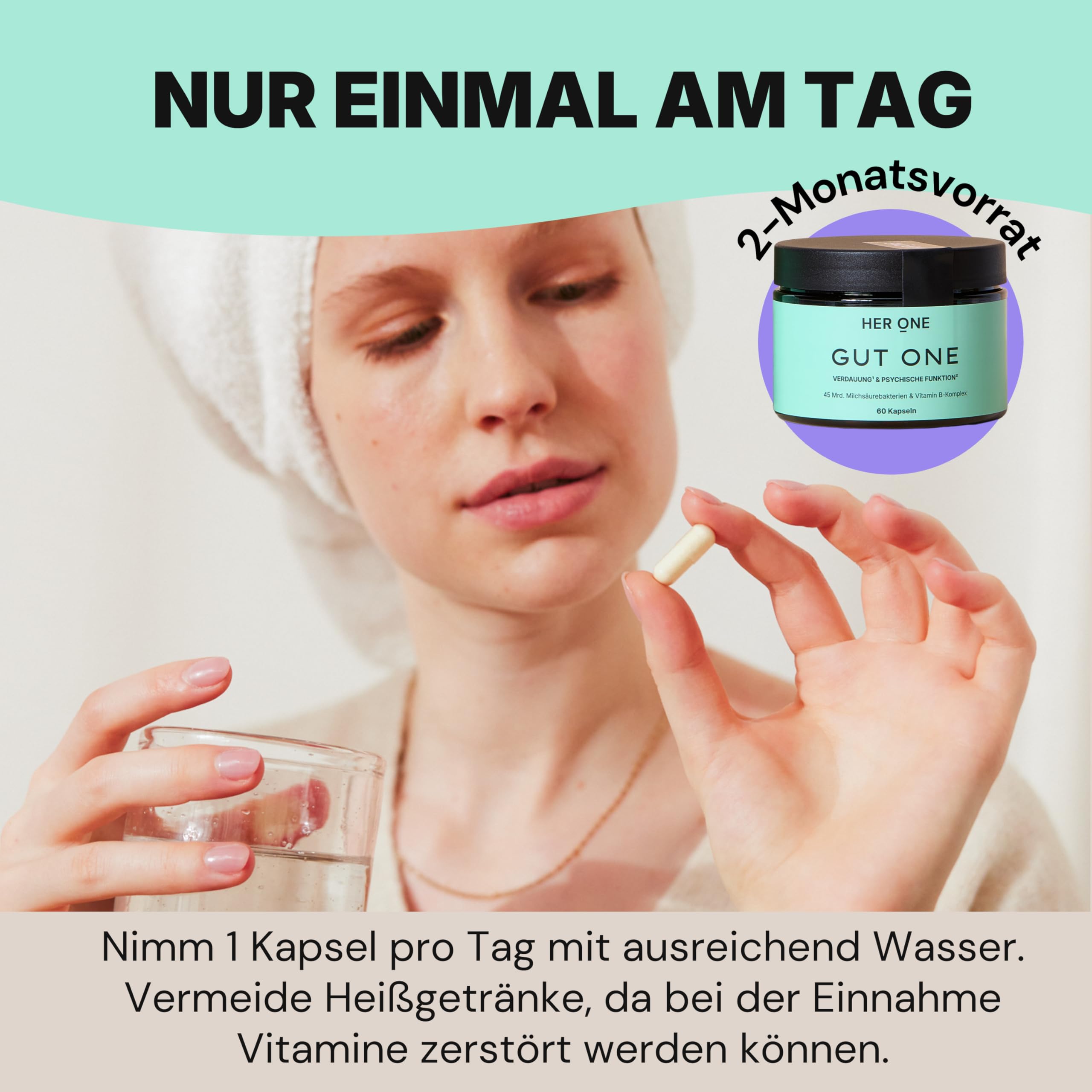 HER ONE GUT ONE Kulturen Komplex & Vitamine B6 + B12 | 45 Mrd. Milschsäurebakterien + Inulin, Calcium | 60 Vegane Kapseln | Für Haut, Energie & Wohlbefinden | Laborgetestet & Magensaftresistent