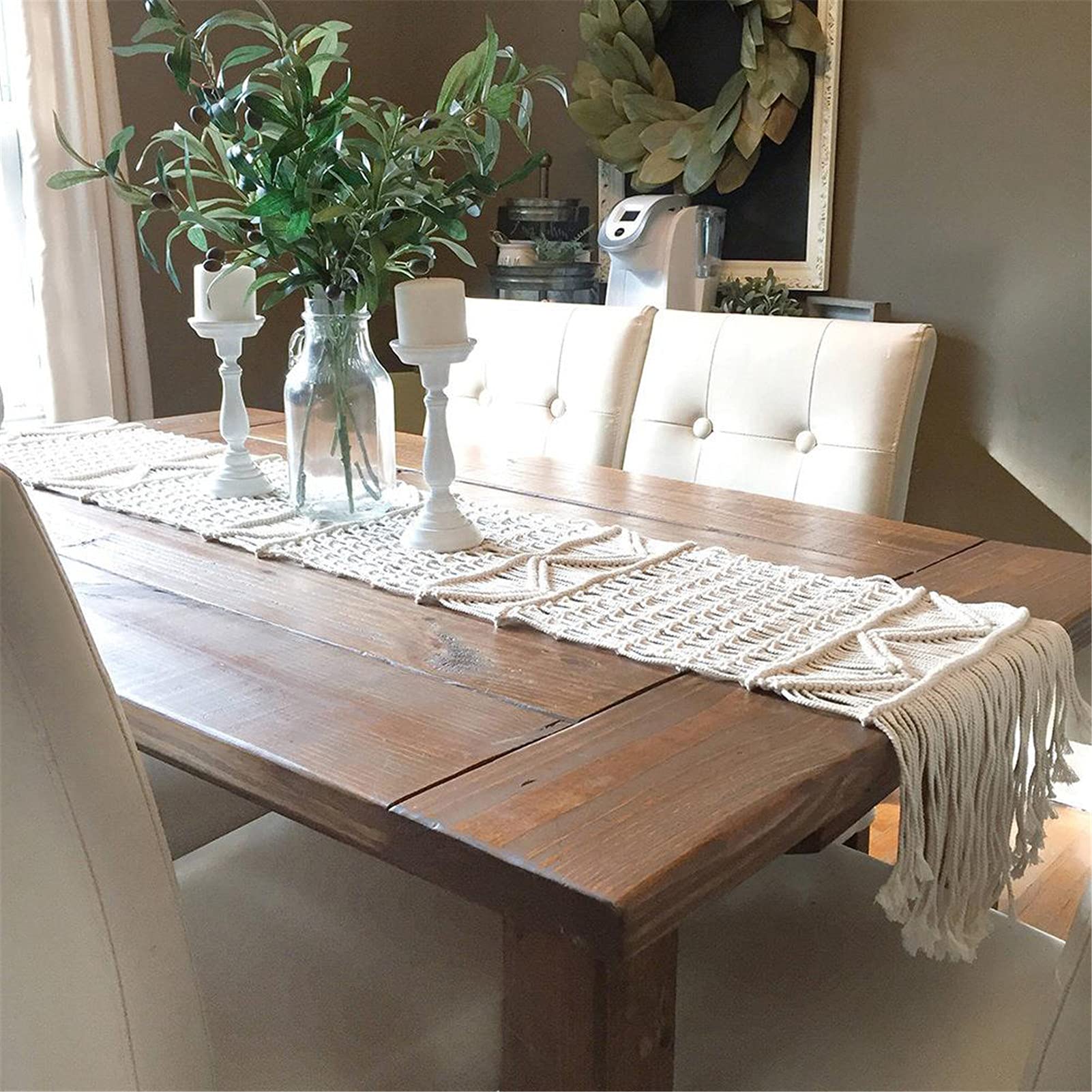 Beige Boho Tischläufer Mit Quasten, Handgewebter Makramee-Tischläufer, Böhmische Baumwoll-Tischdecke Für Dinnerparty Hochzeitstisch Wedding,35x220cm