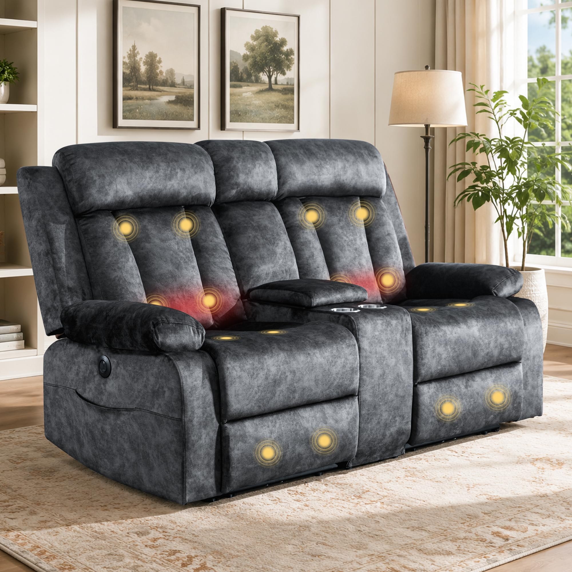 GUEAPY Power Reclining Loveseat with Massage and Heat, 2 Seat Electric Recliner Sofa with Storage Console, USB & Type-C Charging, 8-Point Massage, Cup Holders, Dutch Velvet Couch,Gray