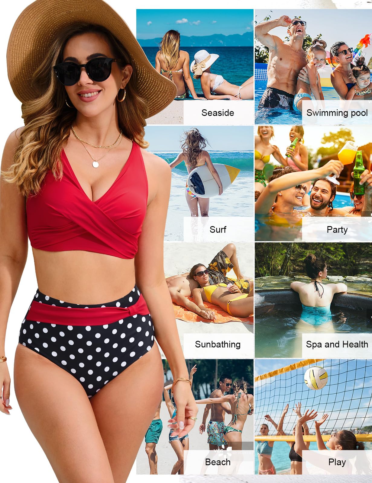 Nadeer Femme Maillots de Bain Deux pièces Taille Haute Élégant Col V Bikini Set Chic Vintage Push Up Ensemble