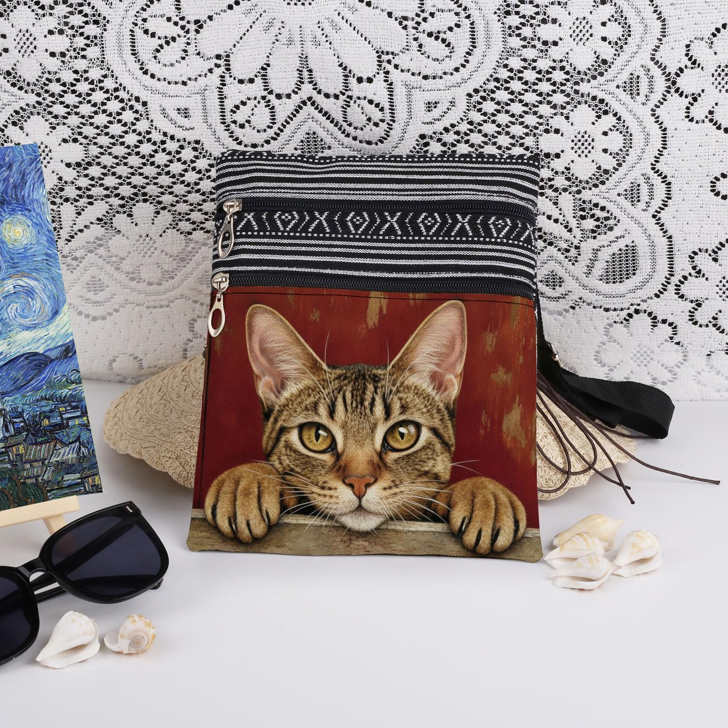 Brown Cat Adjustable Shoulder Strap Crossbody Bag