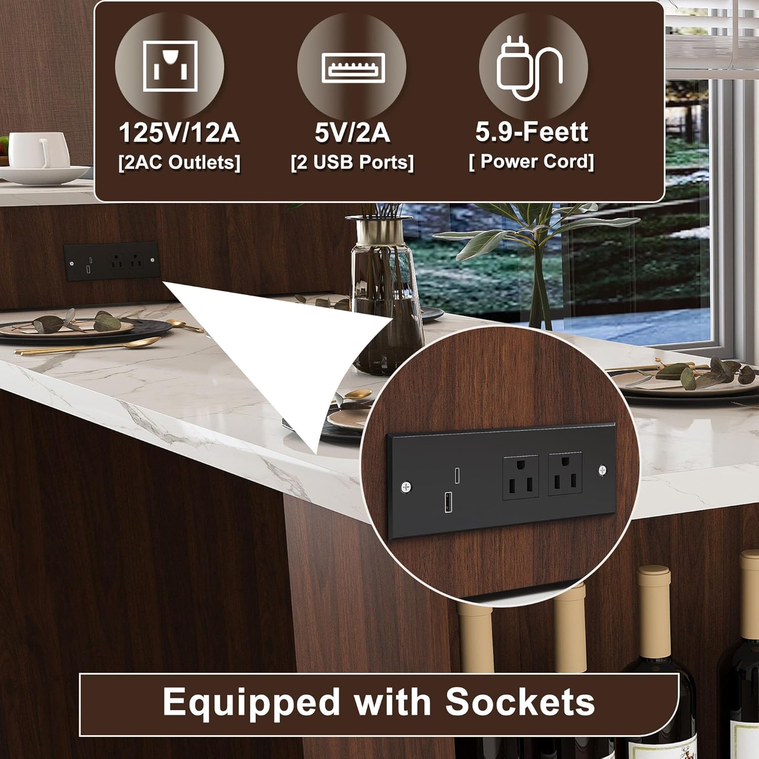 80" Expandable Kitchen Island with Storage, Kitchen Island White with Dining Table & Power Outlet, Mobile Storage Cart with Cabinet & 2 Drawers for Dining Room (Walnut)