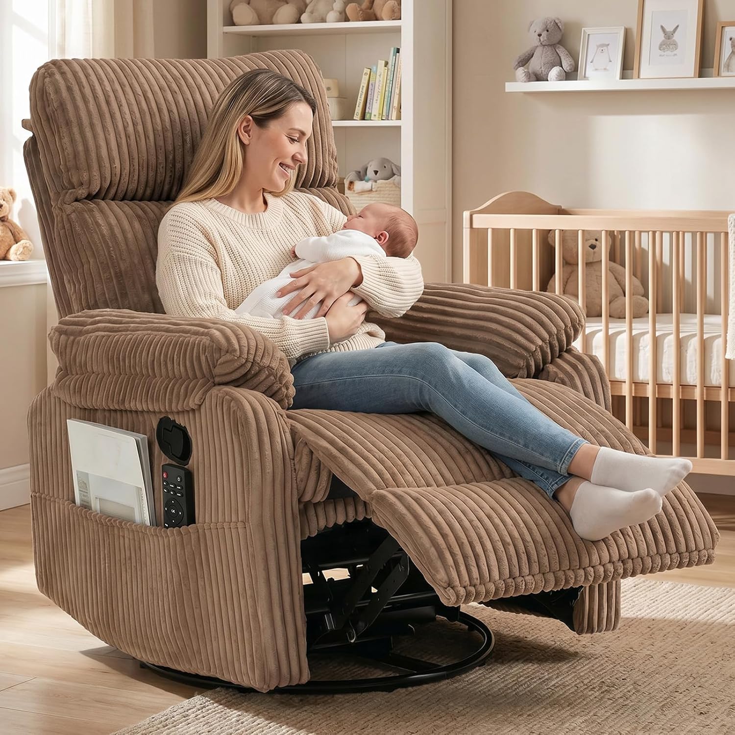Manual Small Recliner Rocking Chair for Nursery/Relaxation, Corduroy Swivel Glider Recliner for Living Room Bedroom, Beige Rocking Chair Nursery Recliners for Small Spaces, Side Pockets (Beige)