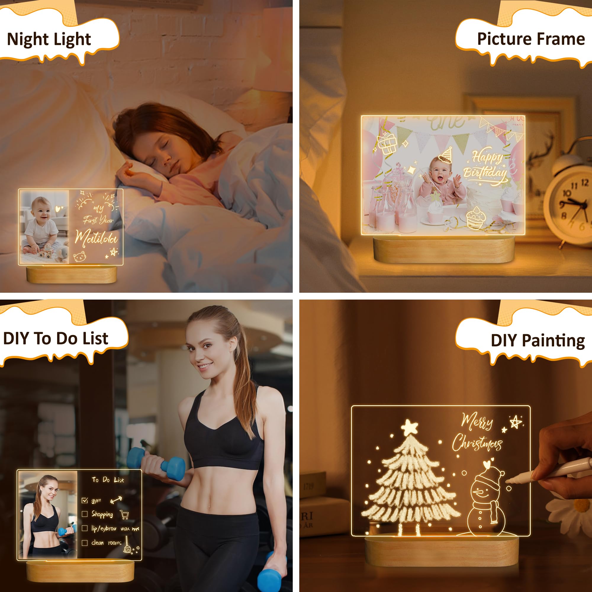 CooPark LED Notiztafel Nachtlicht, Personalisierte Bilderrahmen Lampe aus Acryl mit Löschbarer Stift, DIY Schreiben Abwischbare Nachrichtentafel Schlafzimmer Büro Dekor, Kindertag Geschenk für Kinder