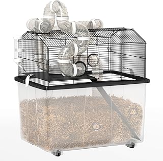 PawHut Jaula grande para hámster con bandeja profunda de 12 pulgadas, jaula de jerbos de 2 niveles con sistema de tubos, botella de agua, rampa, cuenco de alimentación, 23 x 17 x 22 pulgadas, color