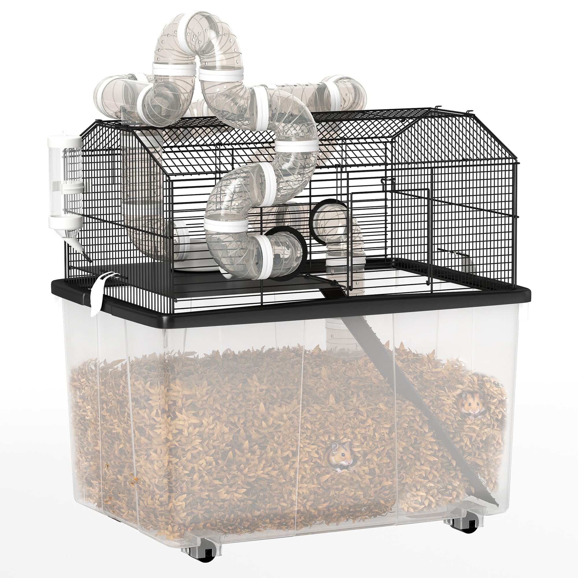 PawHut Large Hamster Cage with 12" Deep Tray, 2 Tier Gerbil Cage with Tube System, Water Bottle, Ramp, Feeding Bowl, 23" x 17" x 22", Black