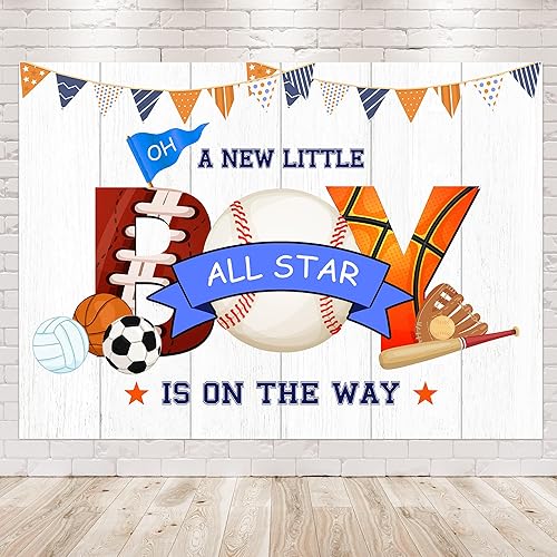 Telón de fondo deportivo para baby shower, 7 pulgadas de ancho x 5 pulgadas de alto, fotografía para niños, fútbol, béisbol, baloncesto, un nuevo