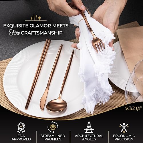 Miniatura 3 de KiiZYs - Juego de cubiertos de cobre, palillos reutilizables, juego de utensilios de cocina de acero inoxidable de 14 piezas, accesorios de cocina,