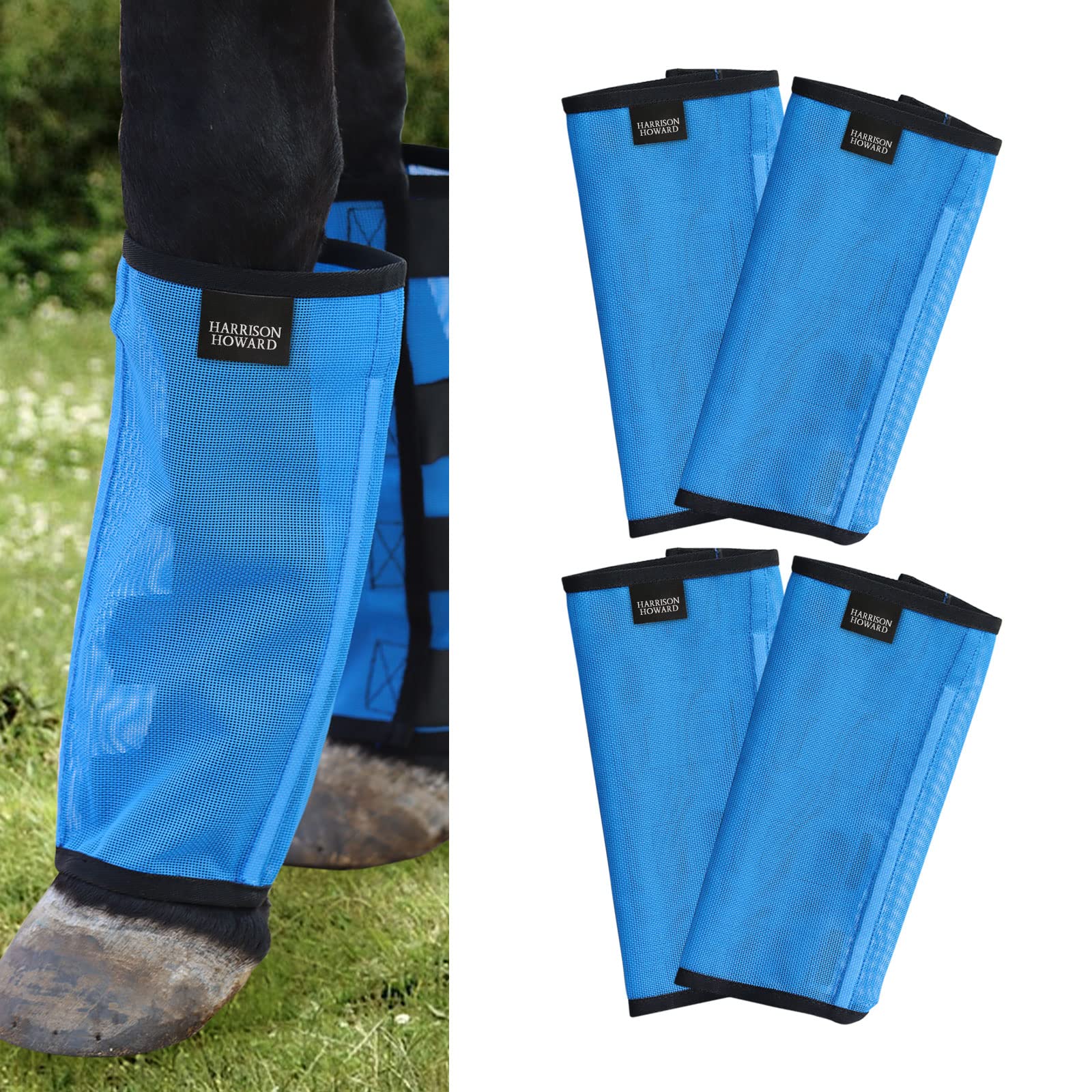 Harrison HowardLoose Fitting Fly Boots UV-Protective Extra Tough Mesh Ventilated Four Fasteners Stay-on Design Protect Horse Legs & Stomp-Reducing Set of 4 Sky Blue Large