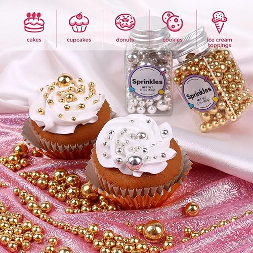 Miniatura 3 de Gránulos de perlas para decoración de pasteles, gránulos de perlas doradas, perlas plateadas, perlas de azúcar, mezcla de gránulos metálicos para