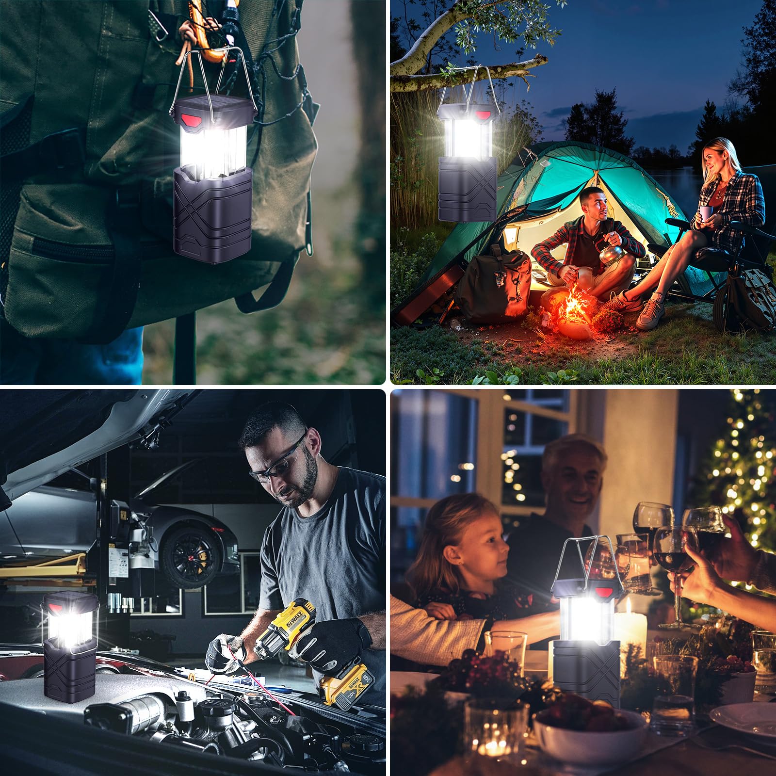 LETMY Confezione da 4 lanterne da campeggio, ricaricabili a LED, lanterne solari alimentate a batteria, con 3 vie alimentate e cavo USB per emergenze, interruzioni di corrente, blu navy