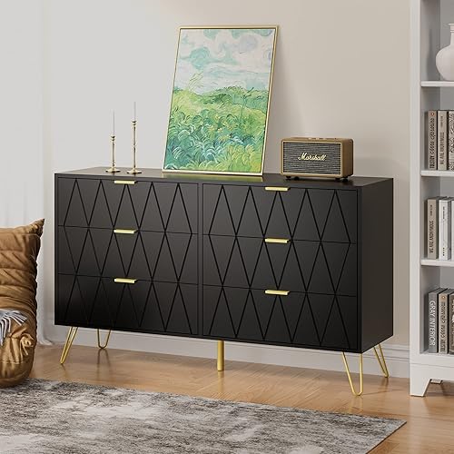 Miniatura 3 de ANBUY Cómoda negra para dormitorio con 6 cajones anchos cómoda moderna y alta de cajón de madera con patas metálicas doradas para dormitorio sala de