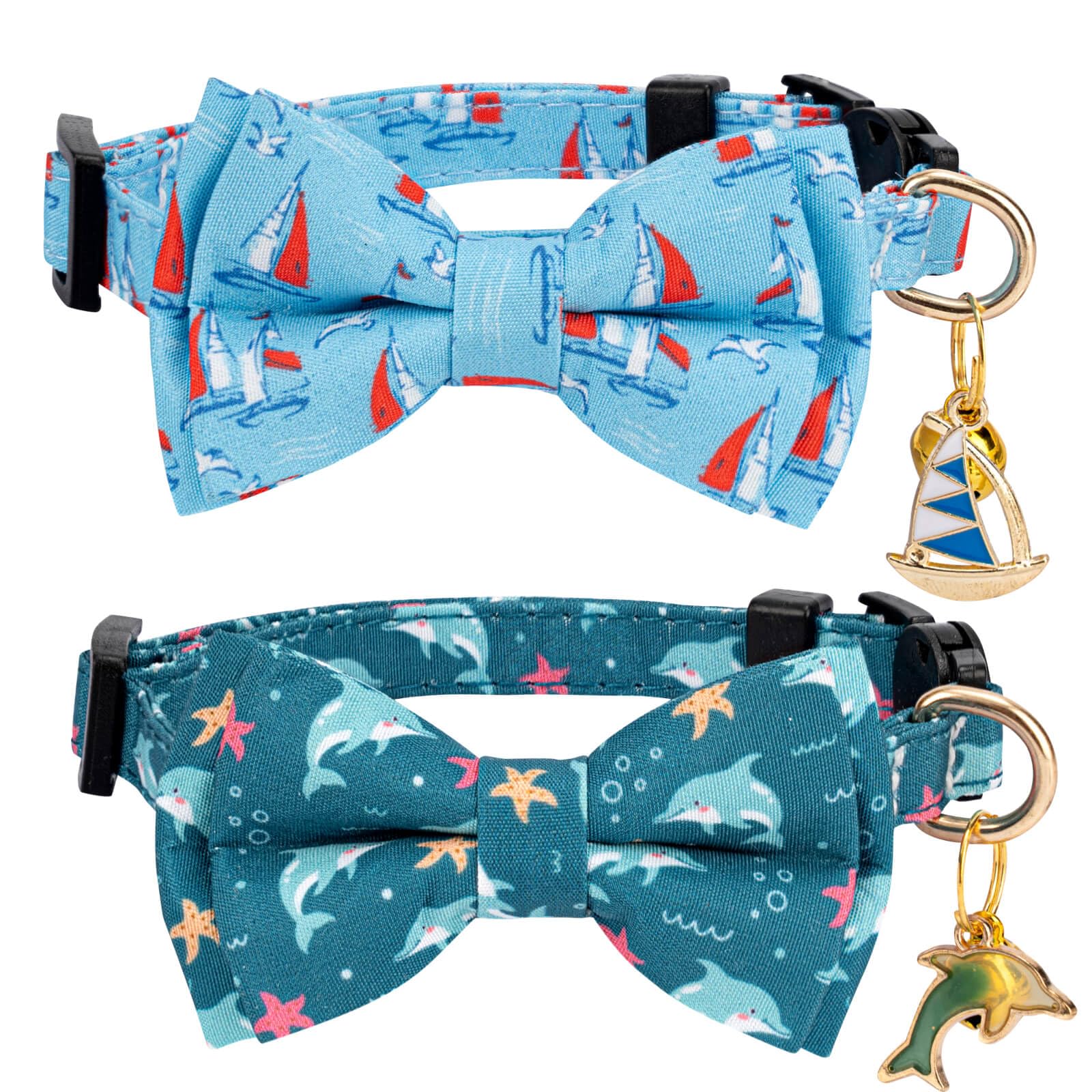 Gelwoo 2 Pack Breakaway Cat Collar with Removable Bow Tie and Bell for Boy Girl Cats,Cute Cotton Kitten Collar with Purple Lavender and Red Flower