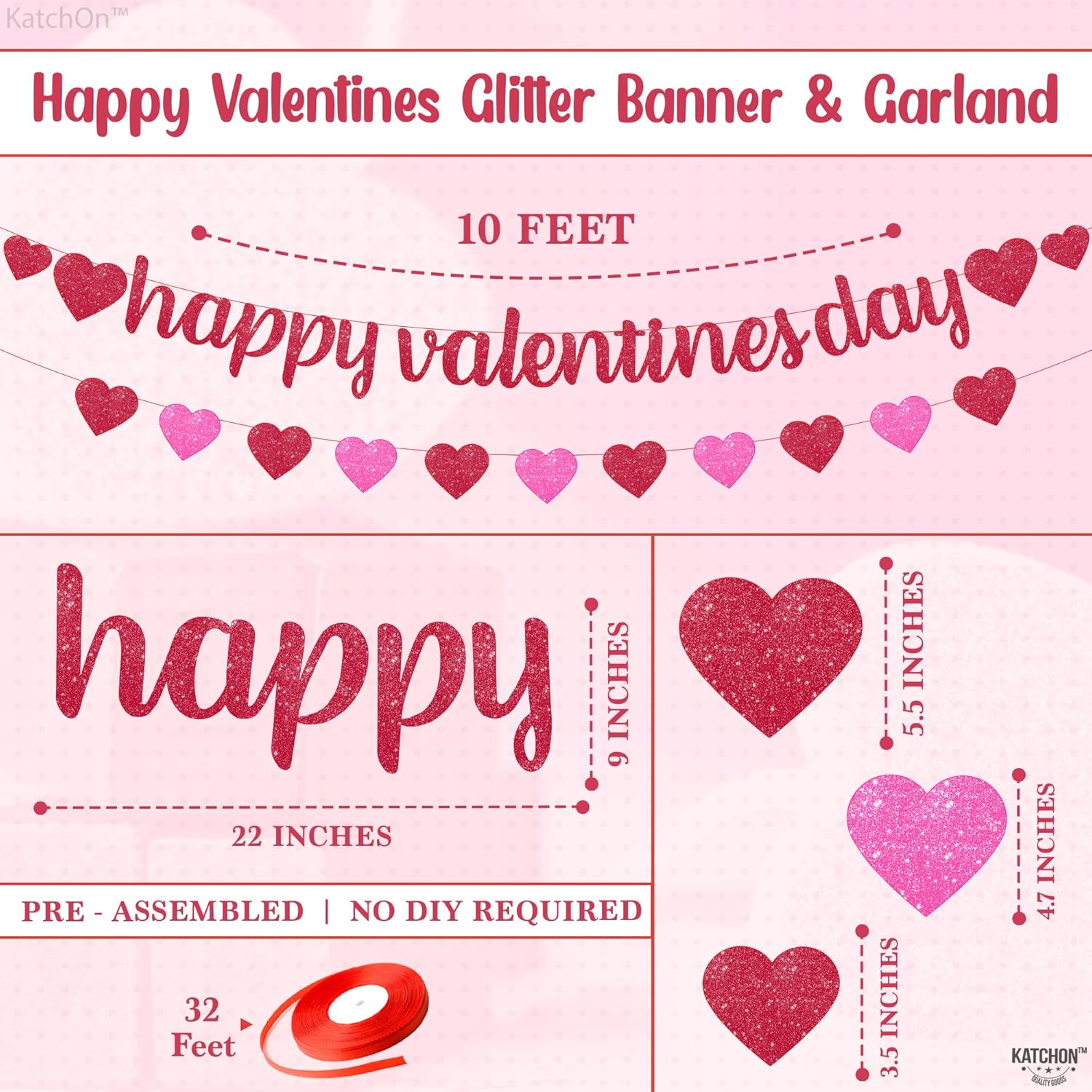 KatchOn, Valentines Day Hanging Hearts with Happy Valentines Day Banner Set - Pack of 18 | No DIY, Valentine Day Hanging Decor, Glitter Valentines Banner, Heart Garland | Honeycomb Valentine Decor