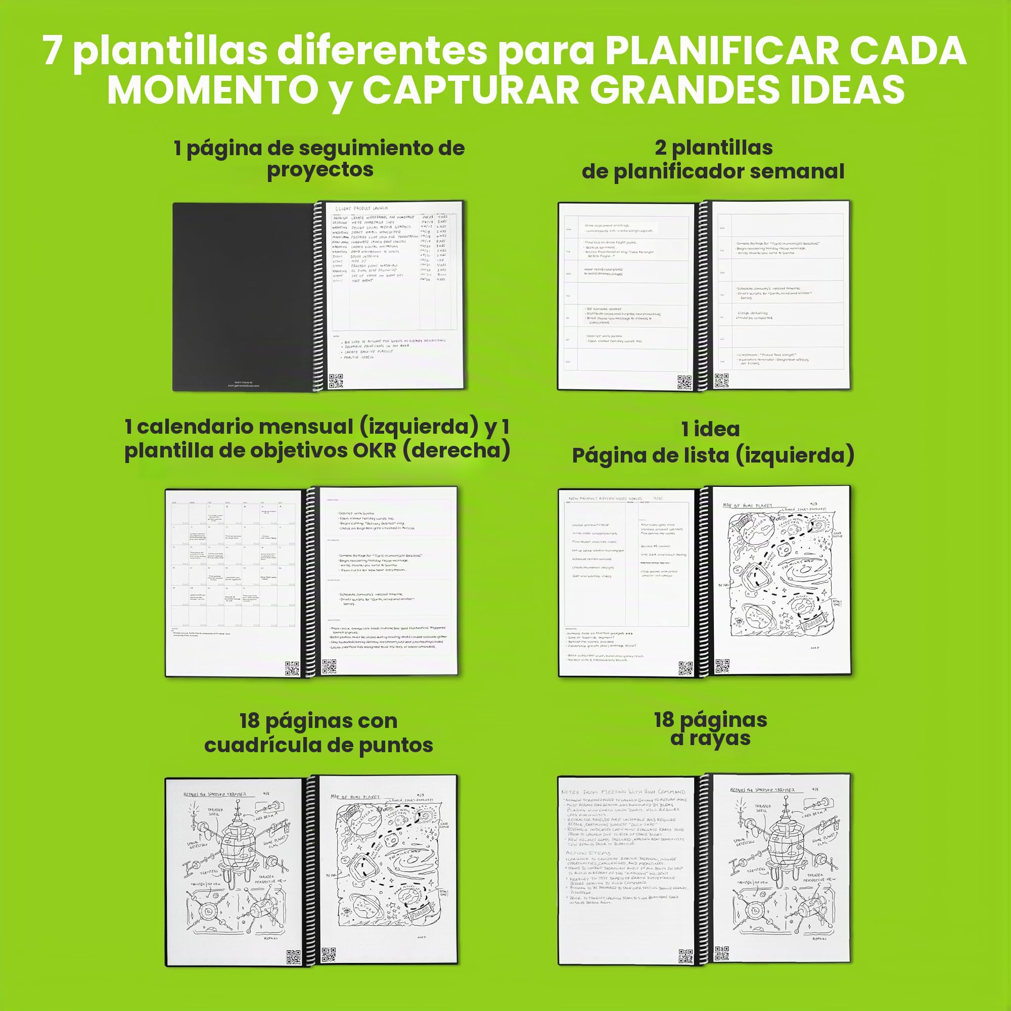 Rocketbook Fusion Cuaderno Inteligente - Reutilizable Digital Libreta A5 Gris Bloc, Notas To Do List Planificador Semanal & Mensual, 7 Estilos