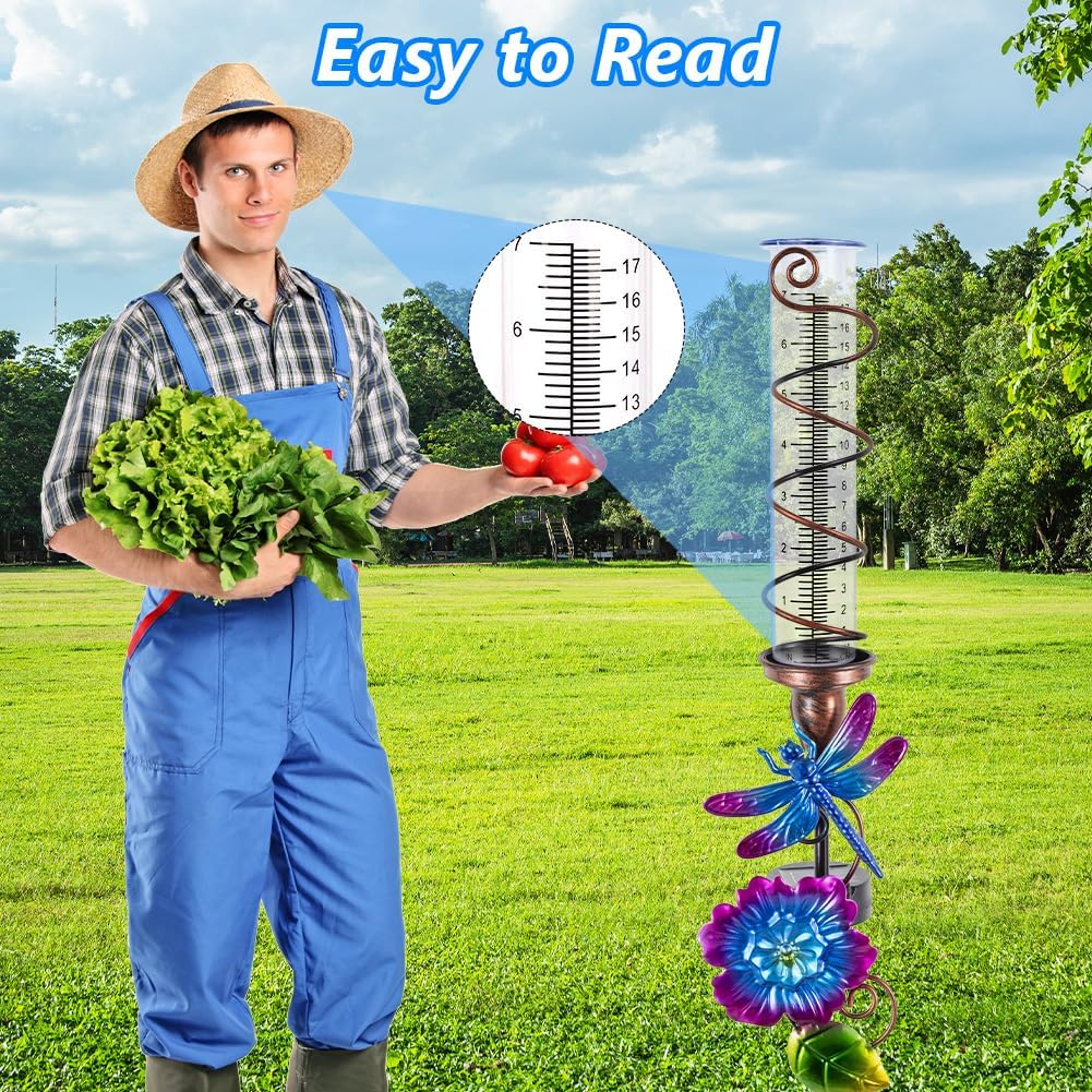Stargarden Rain Gauge Outdoor, Solar Rain Gauge, Solar Measuring Gauge, Dragonfly Decorative Rain Gauge with 7" Plastic Tube for Yard Lawn Garden