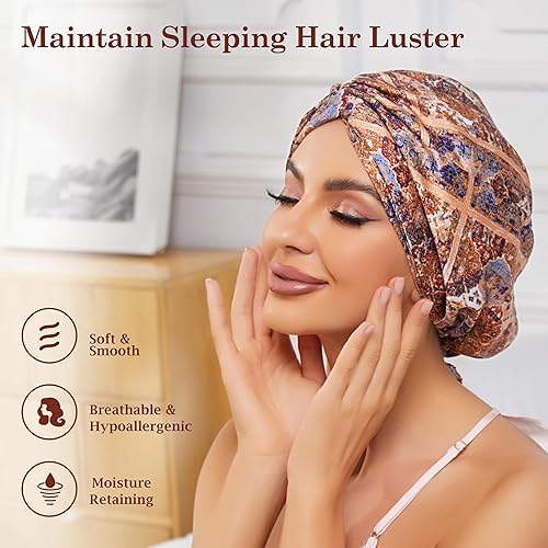 Miniatura 3 de Gorro de satén de seda ajustable para envolver el cabello para dormir, gorro de dormir de doble capa, turbante nocturno para cabello largo y rizado