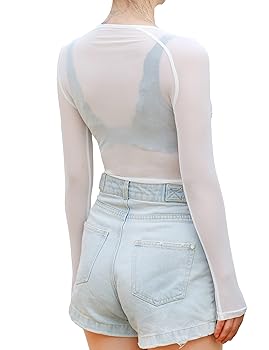 May&Maya Women's Long Sleeve Sheer Mesh Top (XXXL, White) at