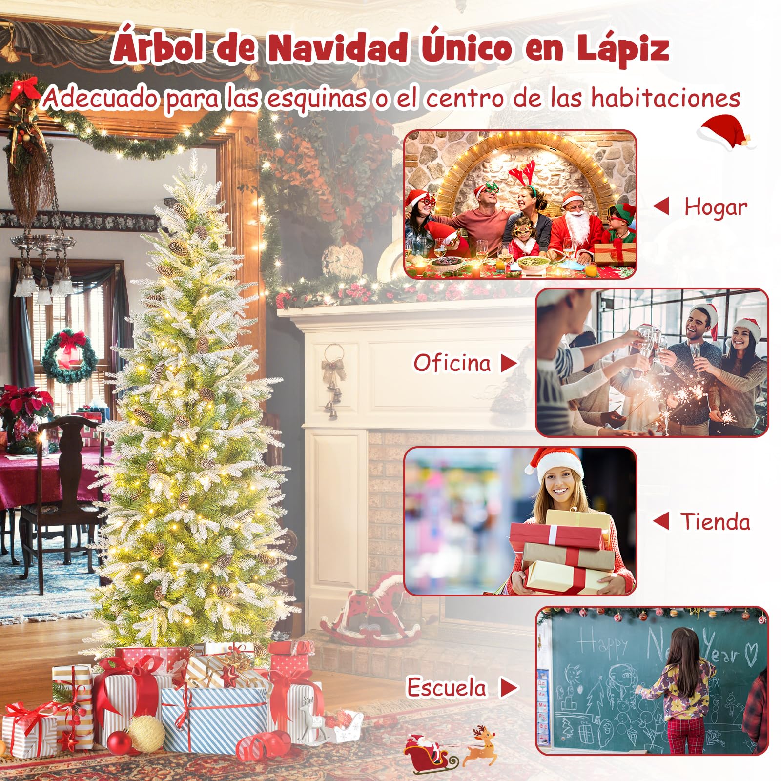 COSTWAY Arbol de Navidad Nevado 190 cm, 280 Luces Incorporadas, Arbol de Navidad Slim/Estrecho, 671 Ramas de PVC y PE, 60 Piñas, Arvore de Natal Hogar Oficina Fiesta (190cm)