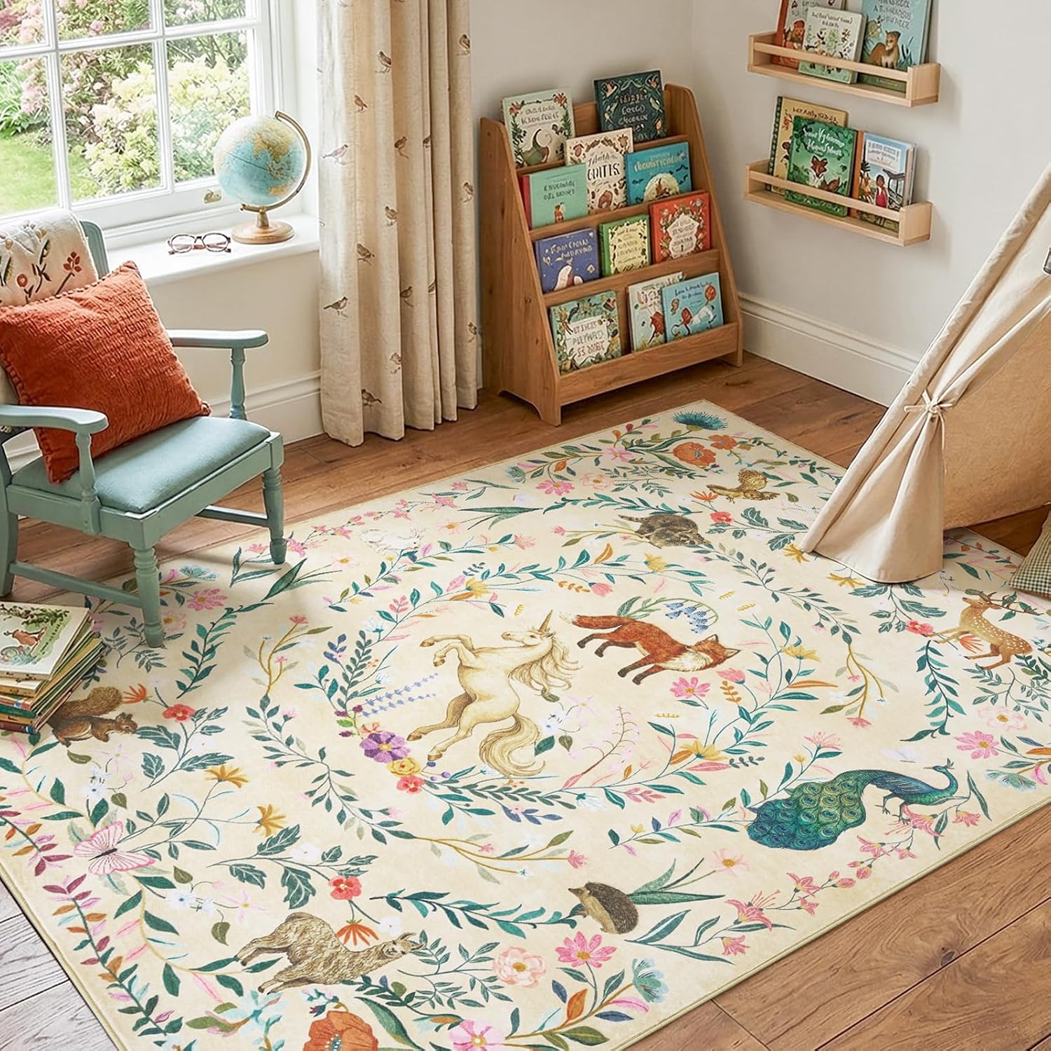 jinchan Moonrise Area Rug 5x7 Kids Room Rug Washable Unicorn Rug Soft Non-Slip Low Pile Fairytale Woodland Animals Floral Carpet for Classroom Nursery Playroom Bedroom Living Room Daylight Cream